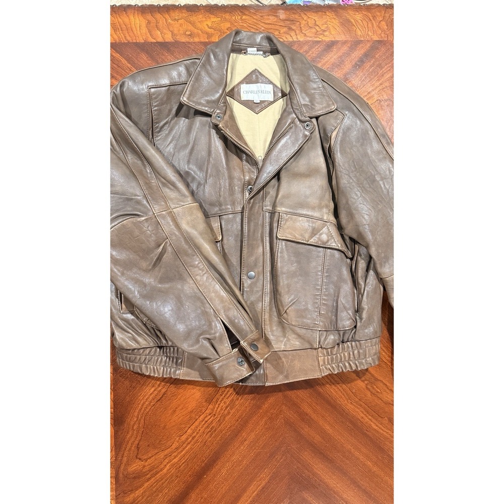 Vintage Charles Klein Brown Leather Bomber Jacket XL Korea Safari Utility Coat